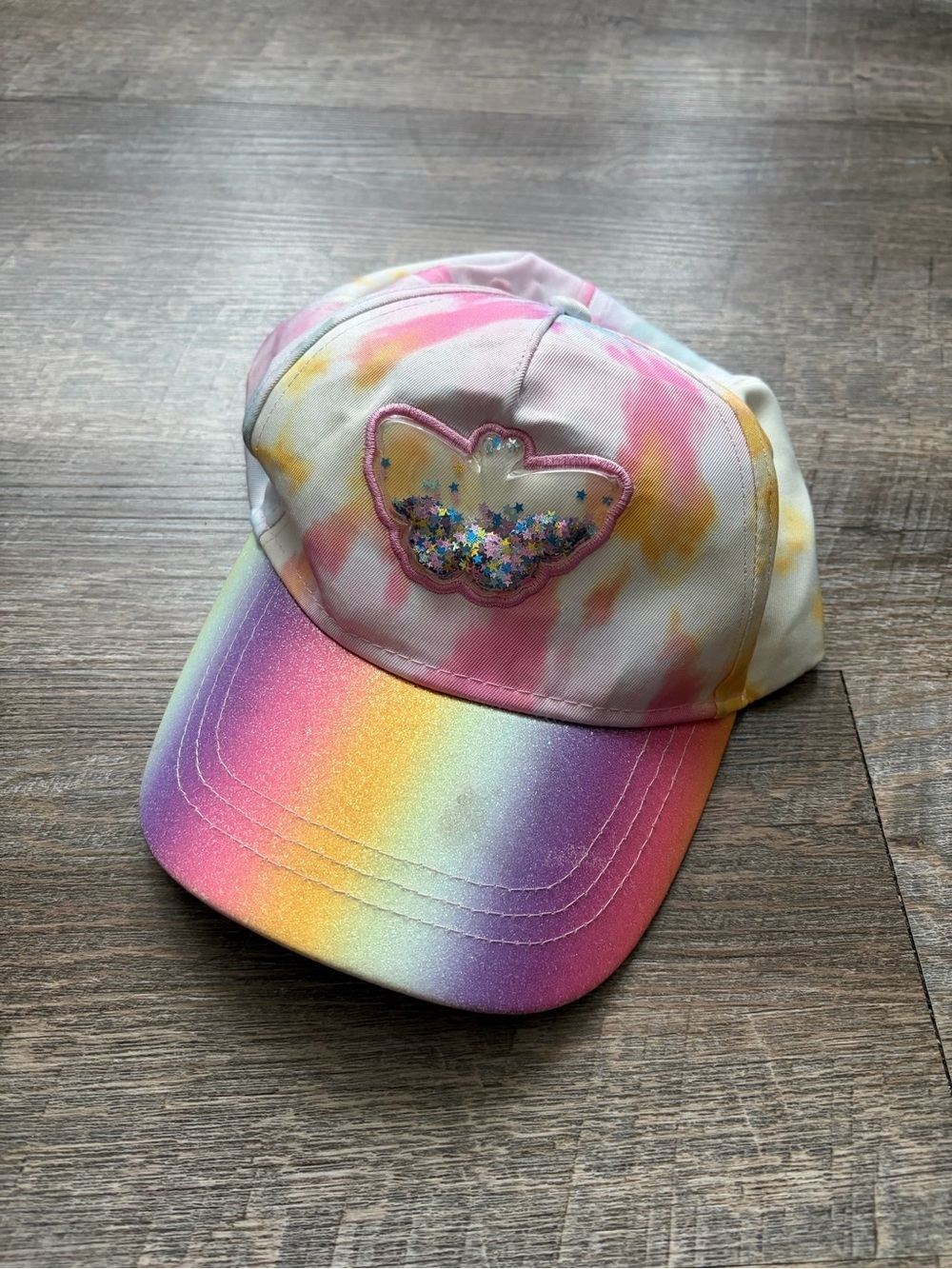 Kids Rainbow Tie-Dye Cap with Butterfly Sequin Accent